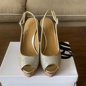 Gold sparkly peep toe platform cork wedge sandal